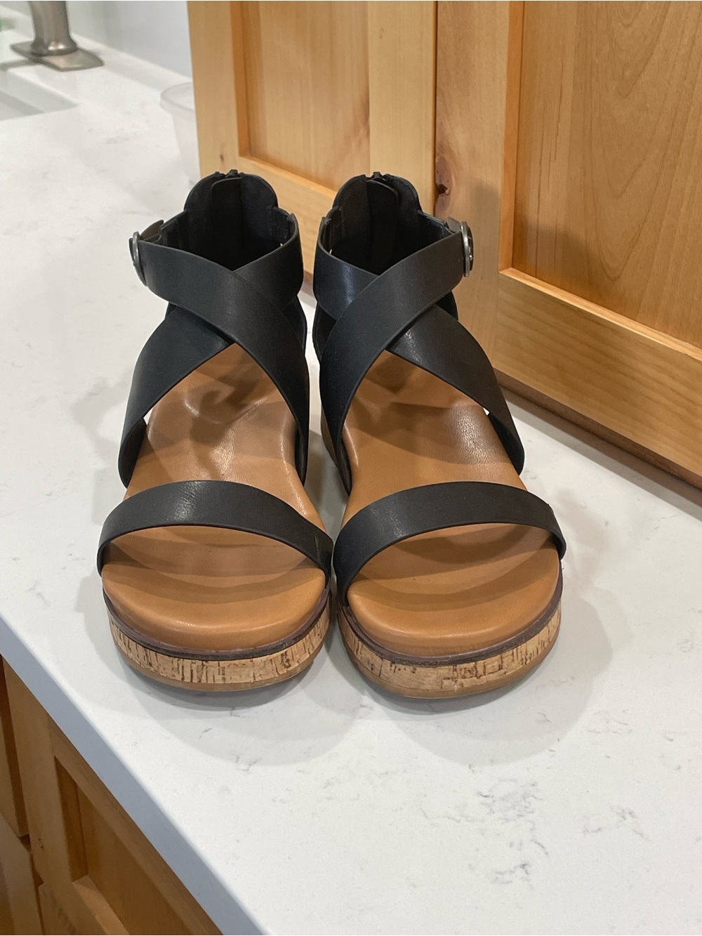 Women's Black Cork Platform Sandals - Strappy Comfort